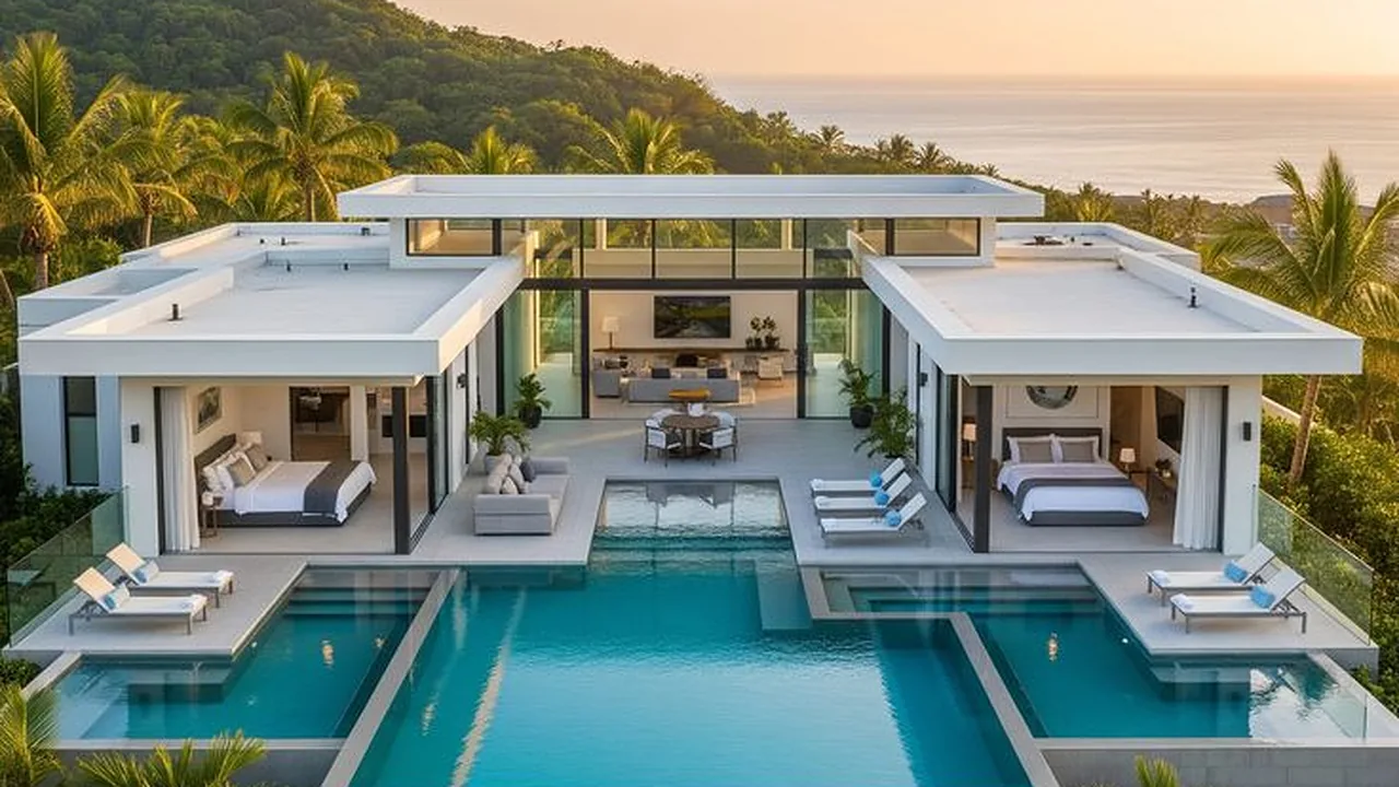 Villa contemporaine, chambres ouvertes sur la piscine face à la mer au couchant